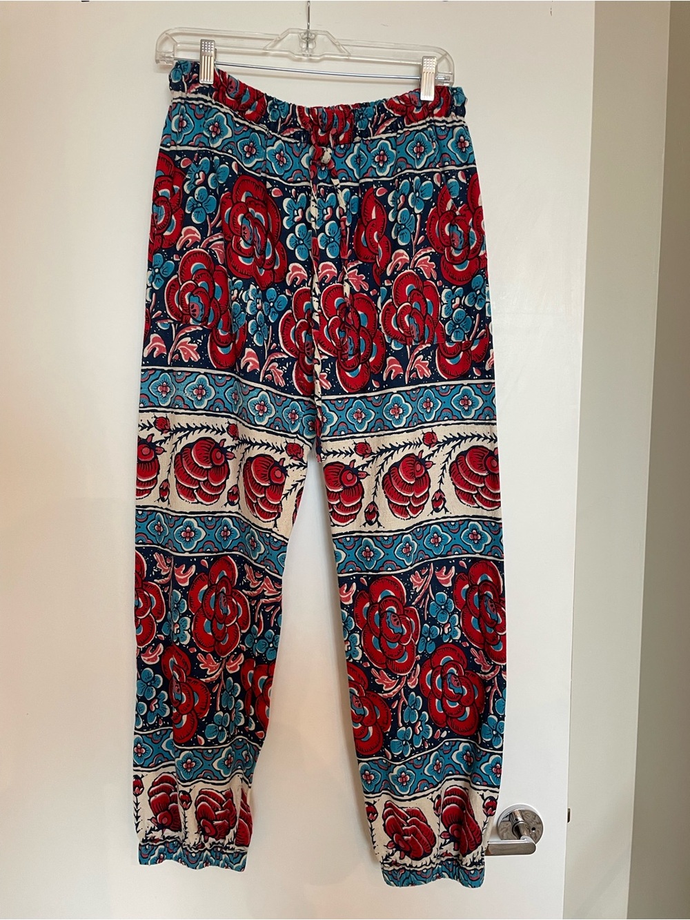 Warm Floral Print Elastic Waist Pants in Red, Teal & Cream